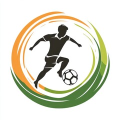 Soccer player mid-kick surrounded by a swirling orange-green motion circle
