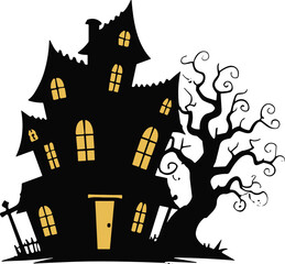 Haunted house with spooky tree and graveyard, Halloween illustration, eerie crooked building artwork, mystical fantasy design, gothic horror theme, night scene