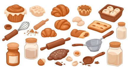 Assorted baked goods and baking tools in a vector illustration, isolated on white