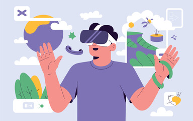 Man experiencing virtual reality with immersive digital worlds and futuristic technology
