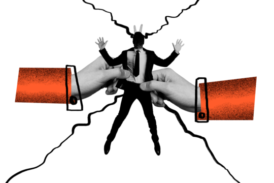 Composite photo collage of hands hold toy businessman faceless dark marionette trap problem work fail isolated on painted background