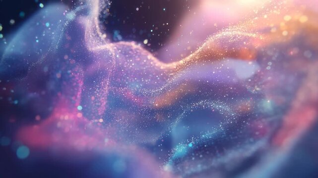 Ethereal cloud of shimmering particles in vibrant purple, pink, and blue hues, creating a magical and dreamy abstract nebula or cosmic dust formation 4k video