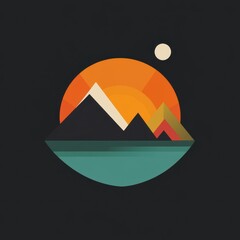 Minimalist sunset over mountain reflected on water in geometric style