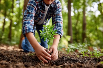 Close-up view of a boy planting a small tree in fertile soil in a lush forest, symbolizing growth, environmental conservation, and a commitment to a sustainable future.