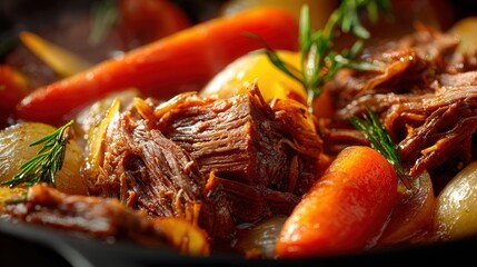 Tender beef stew with vibrant vegetables and aromatic herbs in a rustic cooking pot