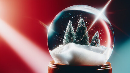 Retro snow globe with Christmas trees — vintage holiday decoration with falling snow and wooden base on red background, cozy festive still life.