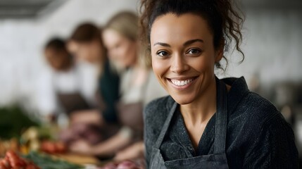 A woman smiles confidently in a bright kitchen setting during a cooking class with blurred figures in the background