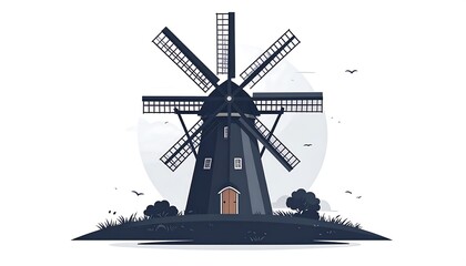 Simple illustration of a classic windmill on a grassy hill