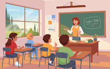 Teacher engaged in lively classroom lesson with attentive young students learning together