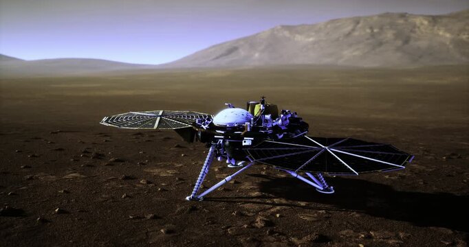 A sophisticated robotic lander explores the surface of Mars, analyzing soil and atmosphere under a hazy sky. Its solar panels extend, harnessing energy for scientific operations.
