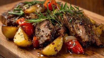 Grilled steak with roasted vegetables and fresh herbs on a wooden serving board