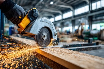 Close-up of a construction worker using a circular saw to cut a piece of wood with sparks flying, creating a dynamic and industrial atmosphere filled with movement.