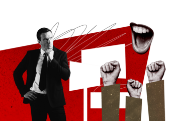 Composite photo collage of serious man present wear formal suit hand fist forward election picket mouth isolated on painted background