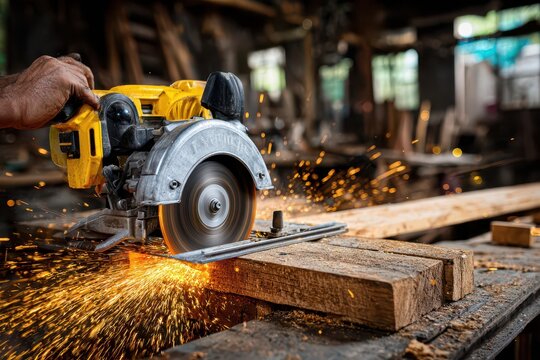 A worker skillfully cuts a plank of wood with a circular saw, generating sparks and showcasing precision craftsmanship and power tool safety during woodworking project.