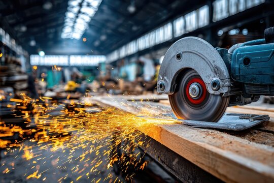 An electric circular saw cutting through a wooden plank in a workshop, generating sparks and demonstrating precision woodworking in an industrial setting, revealing craftsmanship.