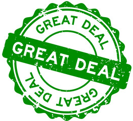 Grunge green great deal word round rubber seal stamp on white background