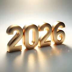 Shiny golden 3D numbers “2026” standing on a clean white background, subtle reflections and sparkles, minimalist and elegant composition, realistic lighting and shadows