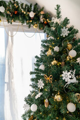 Christmas tree in the interior of a bright living room. The attic. Daytime