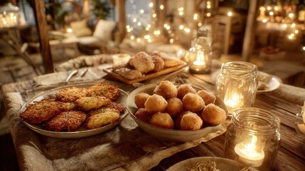 Delicious assortment of fried snacks served on rustic wooden table with warm ambient lighting