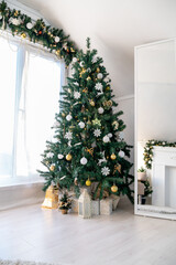 Christmas interior of a bright living room. The attic. Daytime