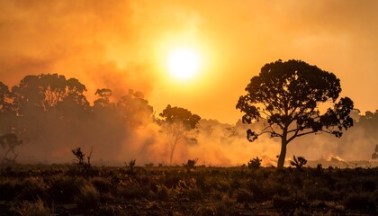 A sunlit scene of wildfire smoke obscuring trees and fields at sunset. The bright sun is high in the sky, casting an orange glow