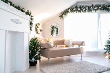 Christmas interior of a bright living room. The attic. Daytime
