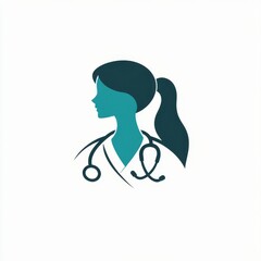 Minimalist flat vector of a female doctor with stethoscope in blue silhouette on white background