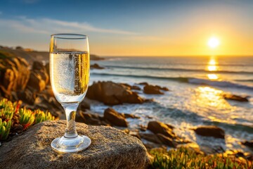 Champagne glass filled on a rocky shore with an ocean view and golden sunset, perfect for special events and romantic celebrations in a beautiful setting.