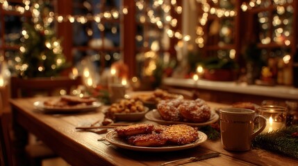 Festive dining table with delicious holiday treats and warm ambient lighting for celebration atmosphere