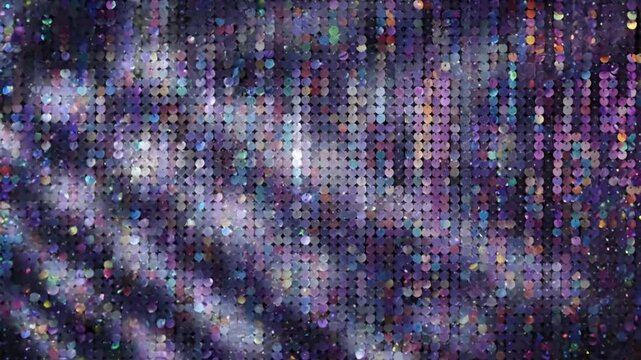 Backgrounds light multicolor sequin glitter wall grid background loop scene 3 with distortion, overlay, glitch, static noise, scan lines on black background, 4k animated video