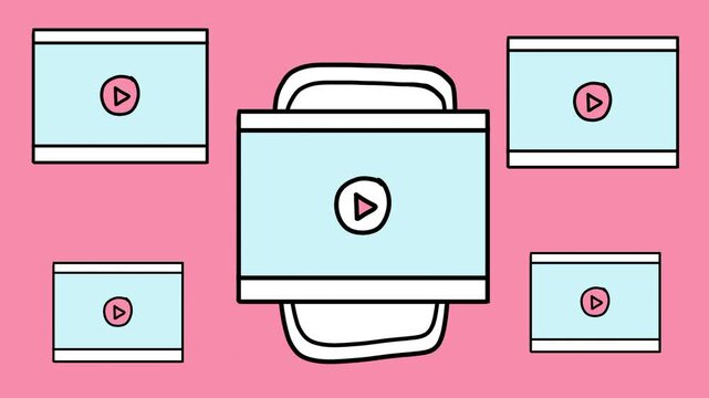 Hand-drawn illustration concept of video streaming on multiple devices, depicting the consumption of digital content and online media