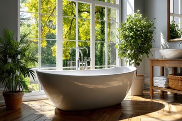 A modern, luxurious bathroom bathed in natural light featuring a freestanding tub with a large window offering serene views of lush greenery and trees outside.