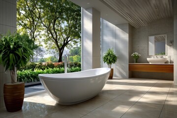 Fototapeta premium A luxurious modern bathroom with a freestanding tub, overlooking a serene green garden with sunshine streaming in, creating a tranquil and relaxing spa-like ambiance.