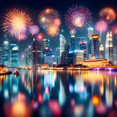 Bright colorful fireworks illuminating a modern city skyline at night, reflection on water, festive celebration mood, realistic night photography style, vibrant lights 