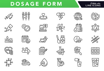 Pharmaceutical dosage form line icon set. Clinical trial, researcher, consent form, medication, pills, injection, vaccine line icon pack