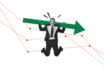 Creative collage picture young cheerful man entrepreneur arrow indicator startup success charts stats drawing background