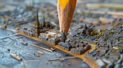Detailed Close-Up of a Pencil Pointing at a Miniature City Landscape with Architectural Features
