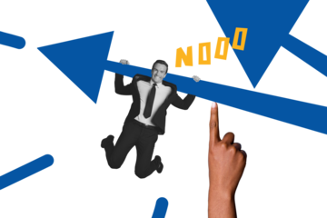 Composite photo collage of happy businessman jump arrow hand support development success growth isolated on painted background