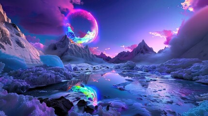 Surreal Dreamscape of Mountains and Ice with Colorful Orb in Vibrant Twilight Sky