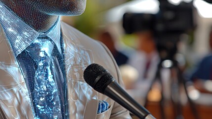 Futuristic businessman with holographic projection speaking into microphone at conference event