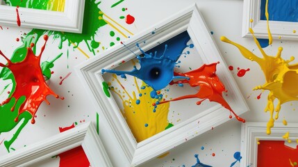 Colorful Paint Splashes in White Frames Against White Background Creating Dynamic Art Experience