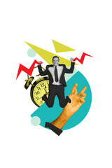 Vertical photo collage of happy businessman jump lightning broke alarm clock ring deadline timeline isolated on painted background