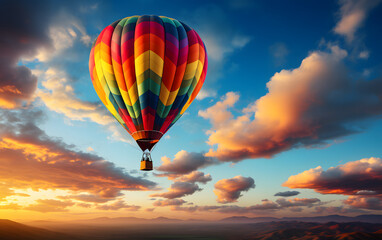 Fototapeta premium Colorful hot air balloon floats over a stunning landscape at sunrise