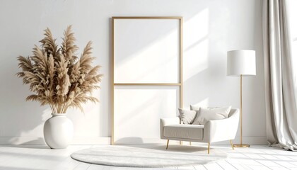 A sunlit interior scene presents a neutral color palette. A cozy armchair and round rug face a minimalist gold-framed artwork