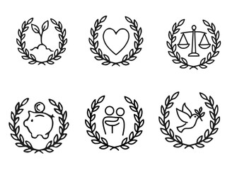 Handmade Laurel Emblem Icons Set – Peace, Love, and Justice Outline Symbol Collection