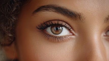 Extreme closeup african american portrait one woman eye. Young woman eyes macro. Close up shot female face serious black person blinking eyes.
