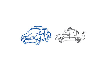 Blue line art illustrations of two vintage automobiles a distinct silhouette