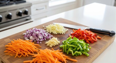 A wooden cutting board with chopped vegetables, including carrots, onions, garlic, and bell peppers, on a white countertop in a kitchen setting.