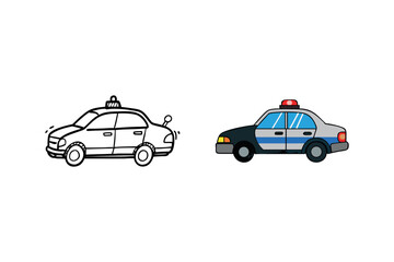 Simple drawings of two cars one monochrome and one colored silhouette