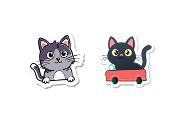 Two adorable cartoon cats one driving a red car silhouette